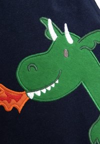 Zaļā pūķa izšuvums uz tumši zilas fona; iekļauj baltas ragi, oranžu liesmu un teksturētas zobu detaļas. Mīksta auduma ar gludu virsmu.