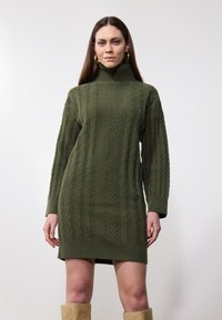 Robe pull en tricot couleur vert olive, présentant un col haut, des manches longues et des motifs en câble texturés. L'ourlet se termine juste au-dessus du genou.