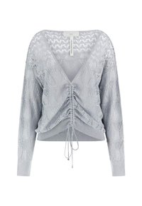 Light gray knitted sweater with a V-neck, long sleeves, and ruched front detail; features a textured, patterned fabric.