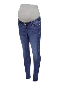 Τζιν εγκυμοσύνης με ανοιχτό γκρι ελαστική πάνα στην κοιλιά, σκούρο μπλε denim, εφαρμοστή γραμμή και φθαρμένο τελείωμα στους αστραγάλους.