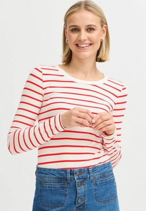 Röd och vit randig långärmad topp med rund halsringning, som används tillsammans med en högmidjad jeanskjol i blått med knapprad.