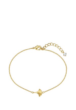 Delicate goudkleurige kettingarmband met een kleine ginkgobladbedel en een verstelbare sluiting met een kleine edelsteen aan het uiteinde.