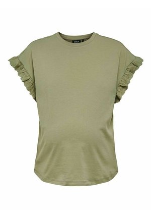 Olivgrünes T-Shirt mit kurzen, gerafften Spitzenärmeln, Rundhalsausschnitt und abgerundetem Saum. Hergestellt aus weichem, leichtem Baumwollmaterial.