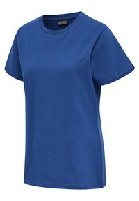 Blå bomull t-shirt med rund halsringning, korta ärmar och en avslappnad passform. Slät textur utan mönster eller detaljer i hårdvara.