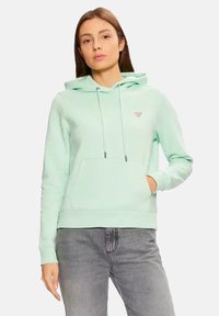 Hoodie verde menta con tasca anteriore, cappuccio con coulisse e piccolo logo sul petto. Realizzato in tessuto morbido con polsini e orlo a costine.