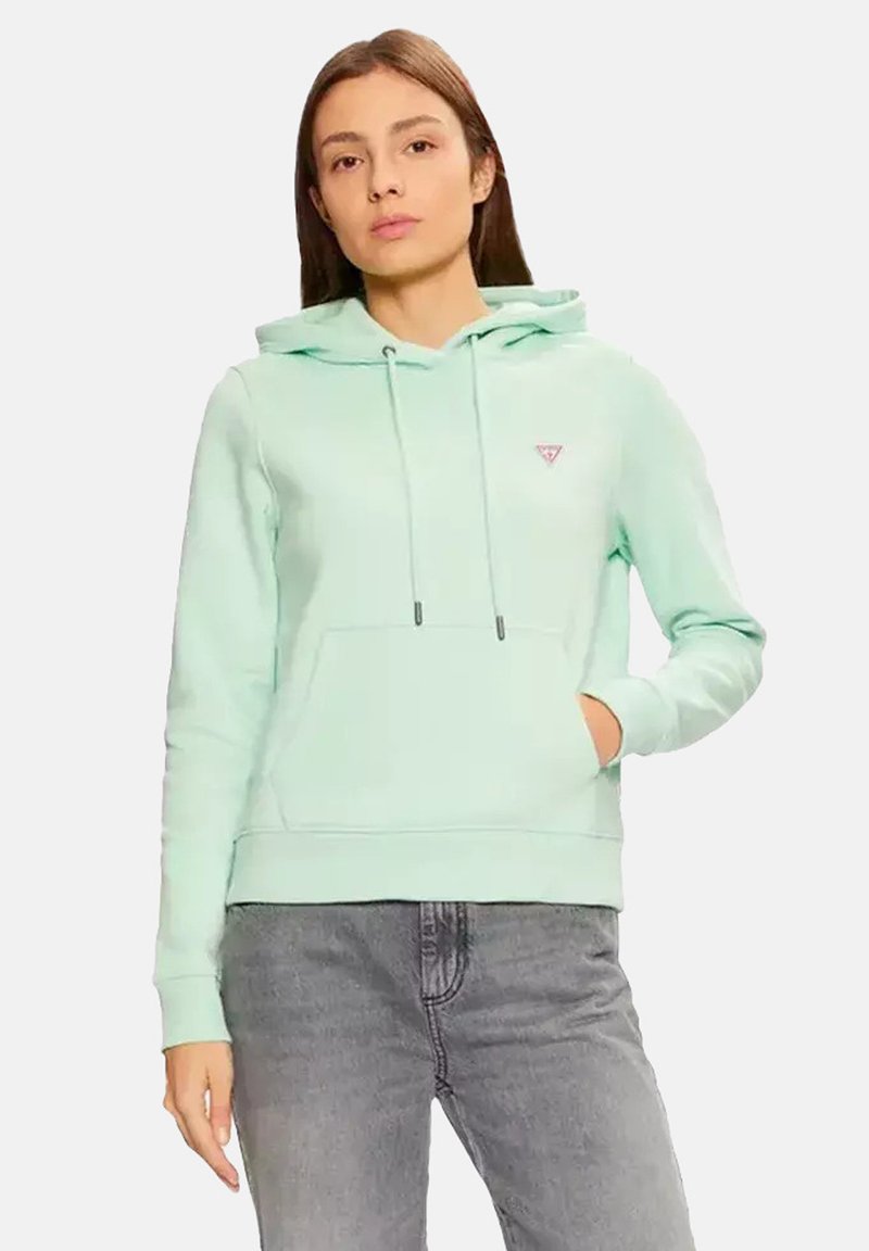 Hoodie verde menta con tasca anteriore, cappuccio con coulisse e piccolo logo sul petto. Realizzato in tessuto morbido con polsini e orlo a costine.