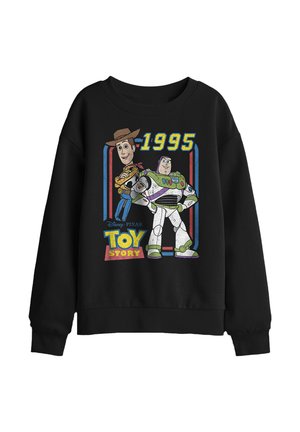 Schwarzer Sweatshirt mit den Toy-Story-Charakteren Woody und Buzz Lightyear, Text "1995" und "Disney Pixar Toy Story" im Retro-Stil.