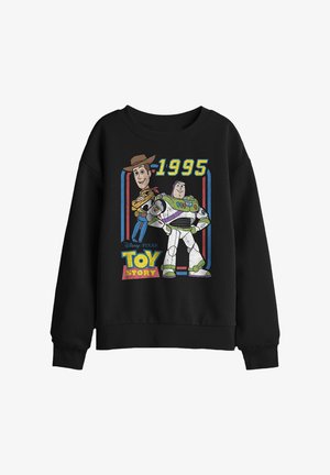 Schwarzer Sweatshirt mit den Toy-Story-Charakteren Woody und Buzz Lightyear, Text "1995" und "Disney Pixar Toy Story" im Retro-Stil.