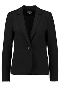 Blazer noir avec une fermeture à un bouton, des revers crantés et deux poches avant. Fabriqué en tissu lisse avec une coupe ajustée.