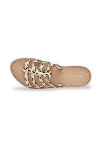 Sandal in pelle con molteplici cinturini in stampa animale, fondo beige e suola liscia abbinata. Scritta dorata sulla soletta.