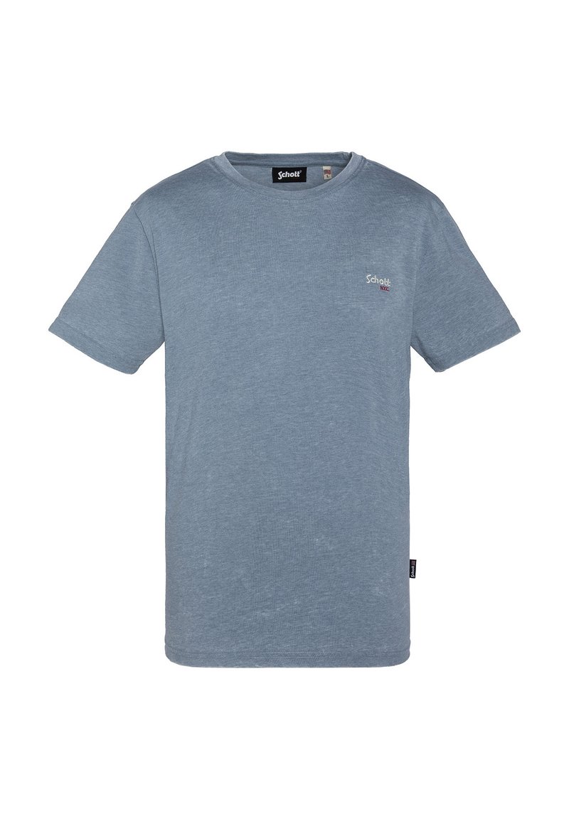T-shirt a maniche corte di colore azzurro chiaro in un tessuto morbido, con scollatura rotonda e un piccolo dettaglio del logo sul petto.
