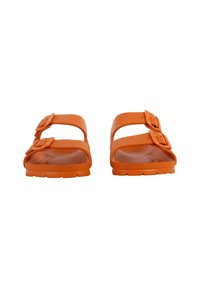 Orange rubber sandals with two wide straps and decorative buckles, featuring a textured footbed and a contoured sole.