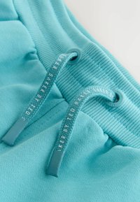 Detailný záber na turkysový pásik mikinových nohavíc so žíhaným elastickým pásom a zakončením s logom na šnúrkach.