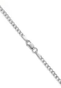 Silberkette mit ineinandergreifenden Gliedern, flachem Design und sicherem Karabinerverschluss. Glatte metallische Oberfläche.