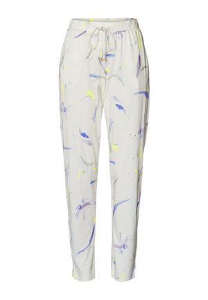 Lekki, kremowy dres z elastycznym pasem, z wielokolorowym abstrakcyjnym wzorem w odcieniach purpury, zieleni i żółci.