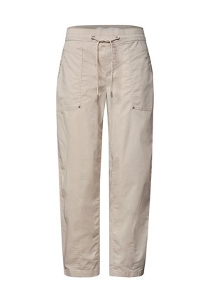 Pantalon beige décontracté avec taille élastique, cordon réglable, jambes droites et deux poches avant avec boutons-pression.