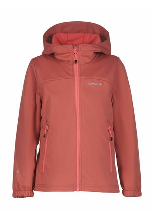 Rote Softshelljacke mit Kapuze, durchgehendem Frontreißverschluss, Reißverschlusstaschen an den Seiten, elastischen Bündchen und Icepeak-Logo auf Brust und Ärmel.