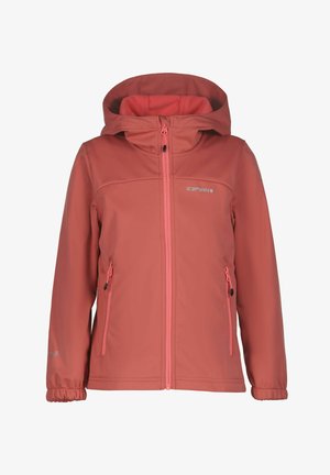 Rote Softshelljacke mit Kapuze, durchgehendem Frontreißverschluss, Reißverschlusstaschen an den Seiten, elastischen Bündchen und Icepeak-Logo auf Brust und Ärmel.