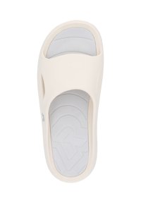 White slide sandal with a smooth upper, textured gray insole, and cut-out sides for breathability. Features a minimal design with logo accent.