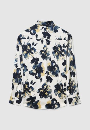 Langärmeliges Hemd mit weißem Grund und dunklem Blumenmuster. Weicher Stoff, Knopfmanschetten und klassisches Kragen-Design.