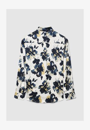 Langärmeliges Hemd mit weißem Grund und dunklem Blumenmuster. Weicher Stoff, Knopfmanschetten und klassisches Kragen-Design.