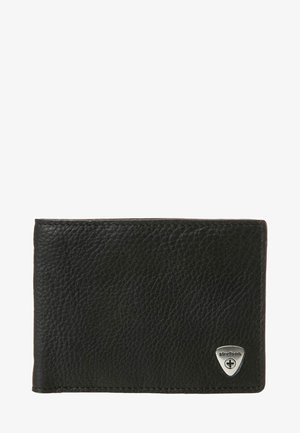 Black leather wallet, textured surface, rectangular shape, features a silver logo accent, and a stitched edge for durability.