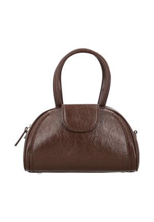Lille brun læderhåndtaske med rundet form, dobbelte håndtag, klaplukning foran og detaljer med lynlås i siden.