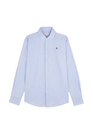 Light blue striped button-up shirt with long sleeves, featuring a spread collar and a small black skull logo on the left chest.