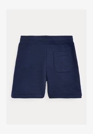 Calções azul marinho feitos de uma mistura de algodão, com uma cintura elástica, design simples, corte reto e um único bolso traseiro.