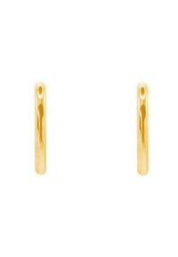 Goldfarbene Creolen mit einem glatten, abgerundeten Design. Die Oberfläche ist glänzend mit einem reflektierenden Finish. Schlichte und minimalistische Form.