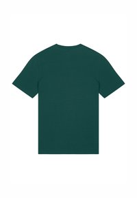 T-shirt à manches courtes en coton vert foncé, avec un col rond classique et une texture lisse, sans logos ni motifs visibles.