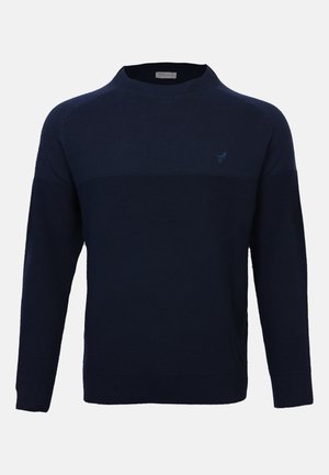 Laivastonsininen pitkähihaisen villapaidan, jossa on teksturoitu vaakasuora ribbineulos ja vasemmassa rinnassa pieni kirjailtu lintulogo.