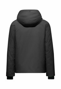 Czarna pikowana kurtka z kapturem, posiadająca długie rękawy i ściągacze przy mankietach. Gładka struktura, minimalistyczny design i bez widocznych elementów metalowych.