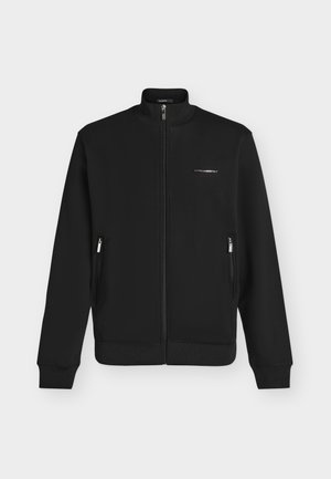 Giacca nera con zip, collo alla coreana, tasche laterali con zip, polsini e orlo a costine, e piccolo logo bianco del marchio sul petto sinistro.