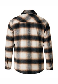 Rutigt flanellskjorta i cream, svart och brun. Har långa ärmar, knappmanschetter och en klassisk krage. Mjukt material med ett rutig mönster.