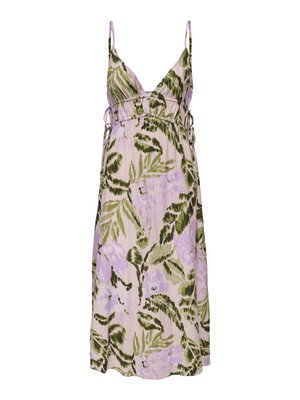 Blomstermønstrete kjole i lys lilla med grønne bladmønstre, med dyp V-hals, justerbare sidetilkoblinger og myk stoff.