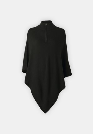 Schwarzer Poncho mit hohem Kragen und halblangem Reißverschluss, aus weichem Stoff. Verfügt über einen geschwungenen Saum und locker sitzende, weit geschnittene Ärmel.