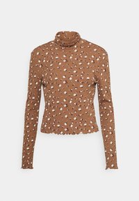 Brauner Rollkragenpullover mit figurbetontem Design, aus einem strukturierten Rippstoff gefertigt und mit kleinen floralen Mustern in Weiß, Rosa und Grün. Wellenförmiger Saum.