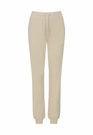 Beige Sweathosen mit einer lockeren Passform, elastischem Bund und Kordelzug. Bündchen an den Knöcheln und glatte Baumwollstoffoberfläche.