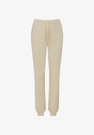 Beige Sweathosen mit einer lockeren Passform, elastischem Bund und Kordelzug. Bündchen an den Knöcheln und glatte Baumwollstoffoberfläche.