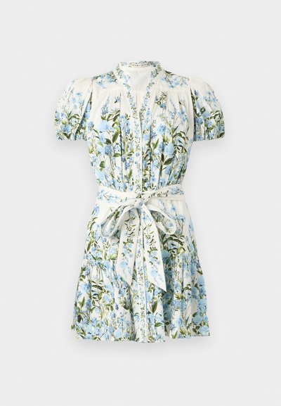 Short white dress with blue floral print, puff sleeves, front buttons, and a tied waist belt.