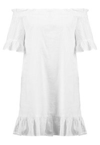 Bíl dress s odhalenými rameny a krátkými volánkovými rukávy, s vrstveným volánkovým lemem a jemným texturovaným vzorem.