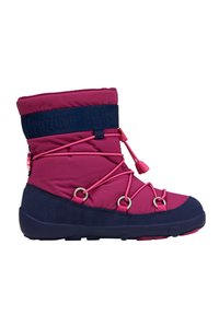 Roze en marineblauwe geïsoleerde sneeuwlaars met een gewatteerde bovenkant, een elastisch vetersysteem en een rubberen zool met gripprofiel.