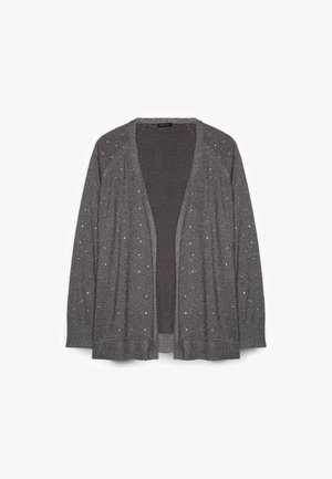Dunkelgrauer offen-front Cardigan mit langen Ärmeln, gerippten Bündchen und Saum, der mit kleinen verstreuten silbernen Glitzerpunkten verziert ist.