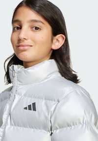 Doudoune gris clair avec col haut, fermeture éclair et logo noir sur la poitrine. Le matériau semble shiny avec une texture lisse.