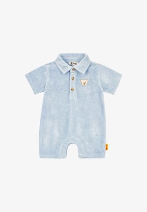 Barboteuse bébé bleu clair à manches courtes avec col, trois boutons marron et petite patch d'ours en peluche sur la poitrine.