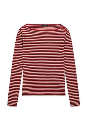 Langærmet striktrøje med vandrette striber i rød, sort og beige, med bred bådudskæring og lige kant.