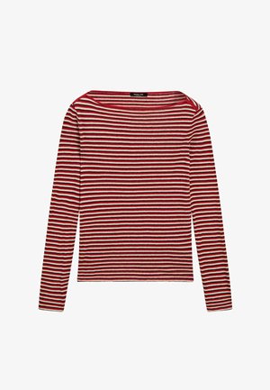 Pletený top s dlouhým rukávem s horizontálními pruhy v červené, černé a béžové barvě, s širokým lodičkovým výstřihem a rovnými lemy.