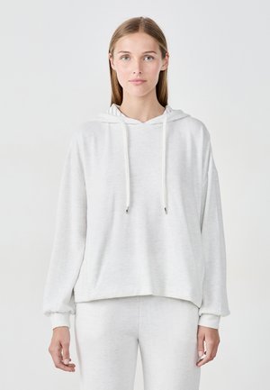 Hellgrauer Pullover-Hoodie aus weichem Material, mit lockerem Schnitt, Kordelzugkapuze und gerippten Bündchen.