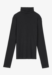 Black ribbed turtleneck top with long sleeves. Features a fitted design and a high neck. Made of stretchy fabric for comfort and ease.